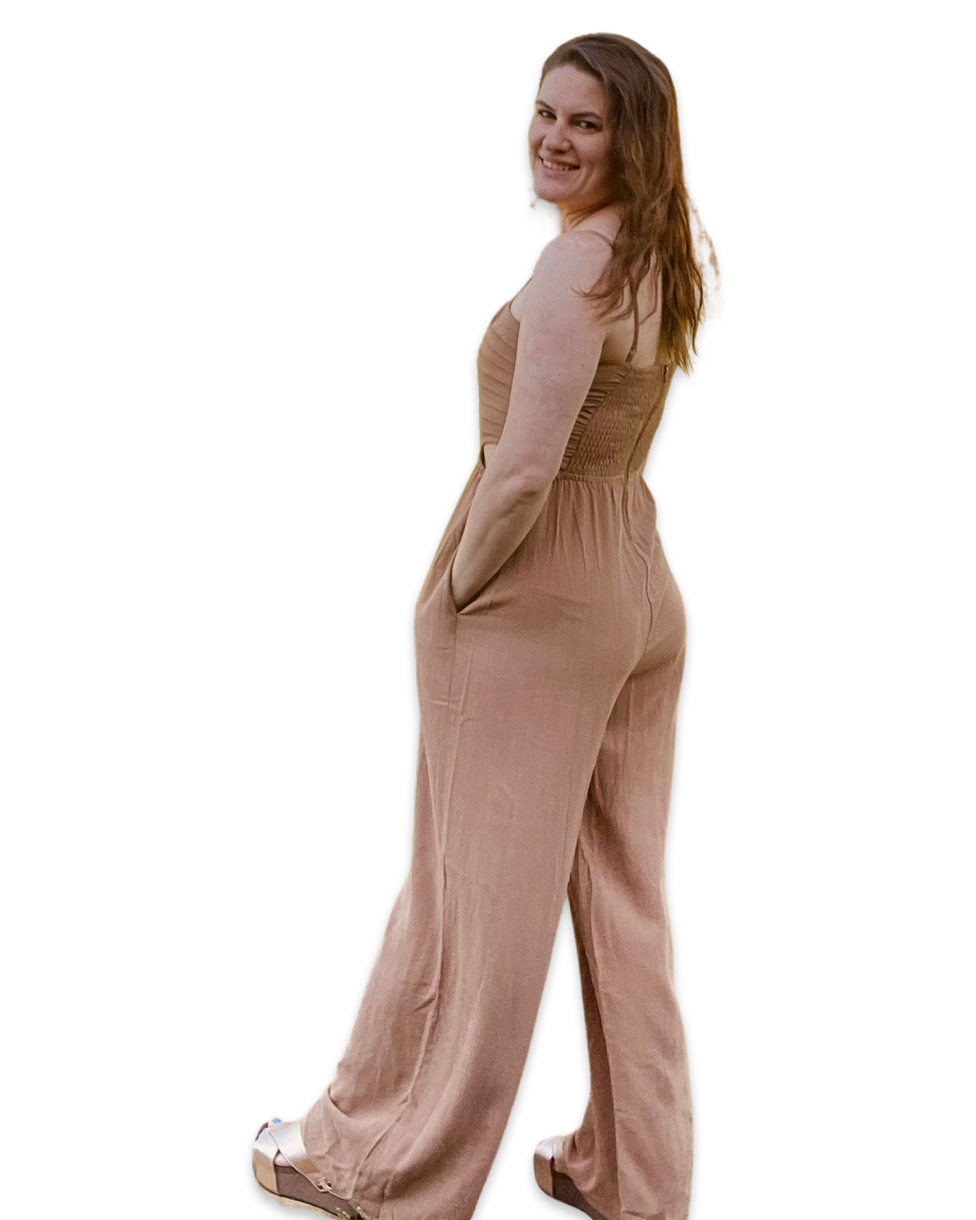 Camel Brown Linen Jumpsuit with Body Cutouts