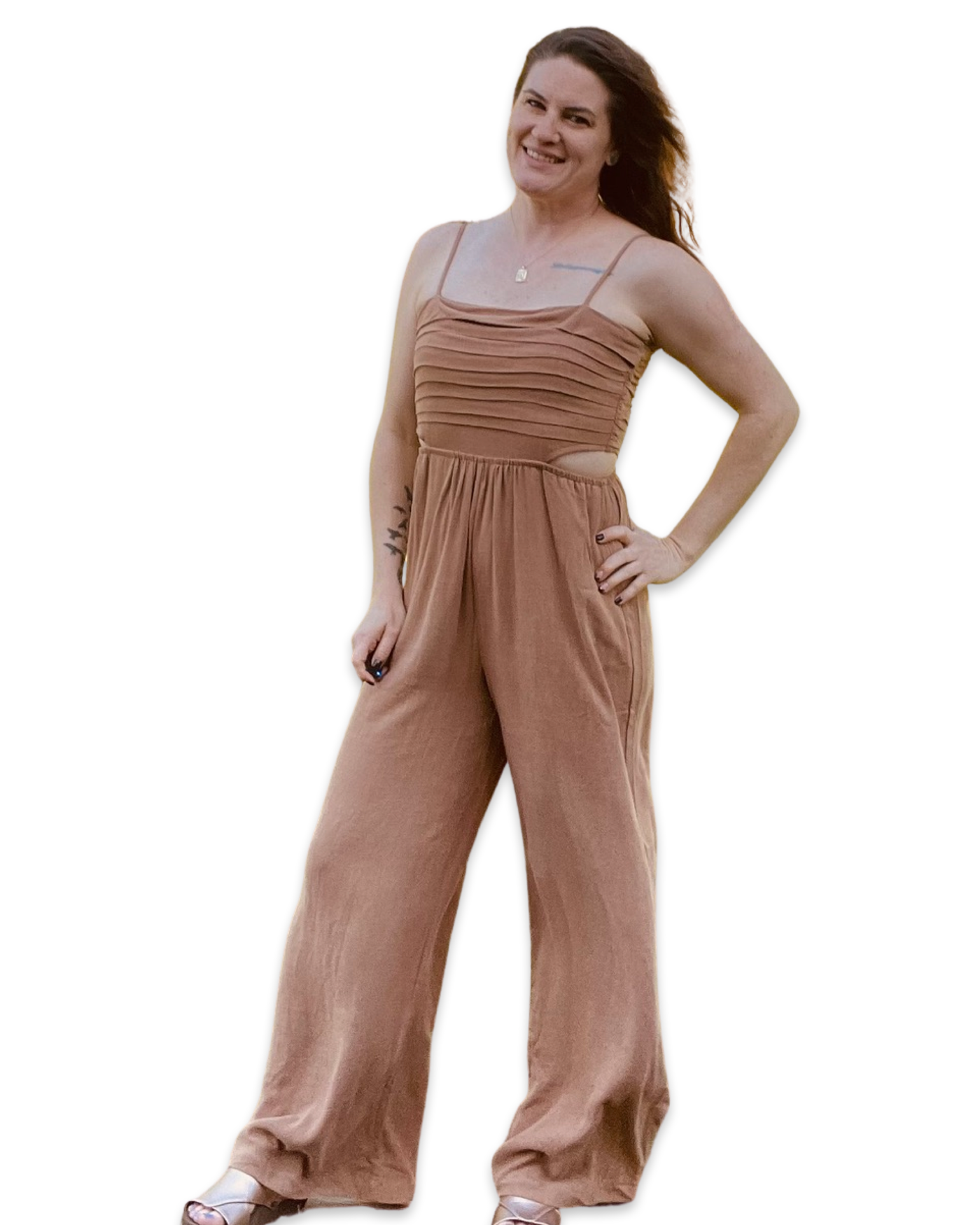 Camel Brown Linen Jumpsuit with Body Cutouts