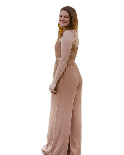 Camel Brown Linen Jumpsuit with Body Cutouts