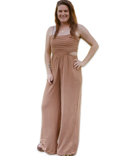 Camel Brown Linen Jumpsuit with Body Cutouts