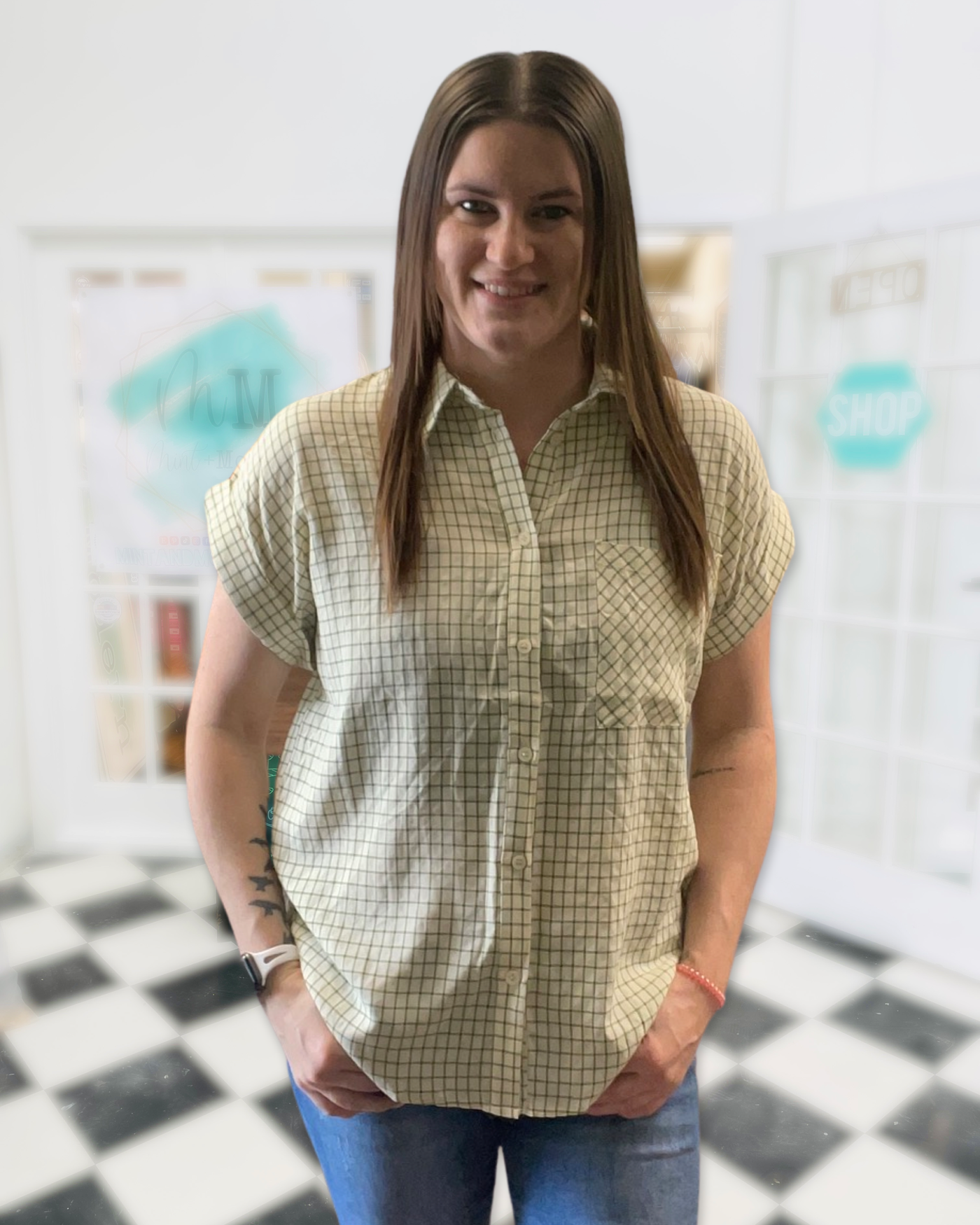 Sage Green Gingham Print Button Up Top