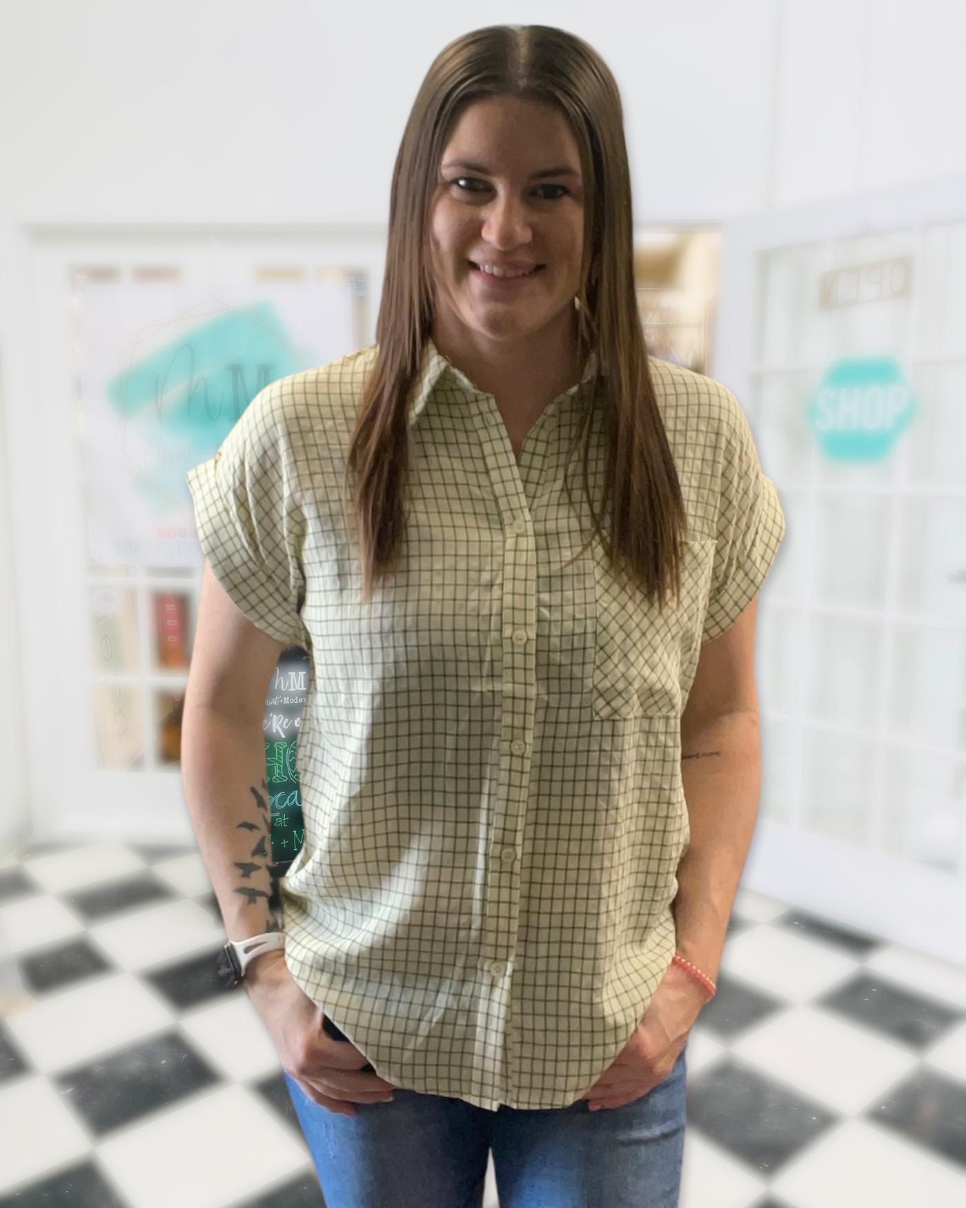 Sage Green Gingham Print Button Up Top