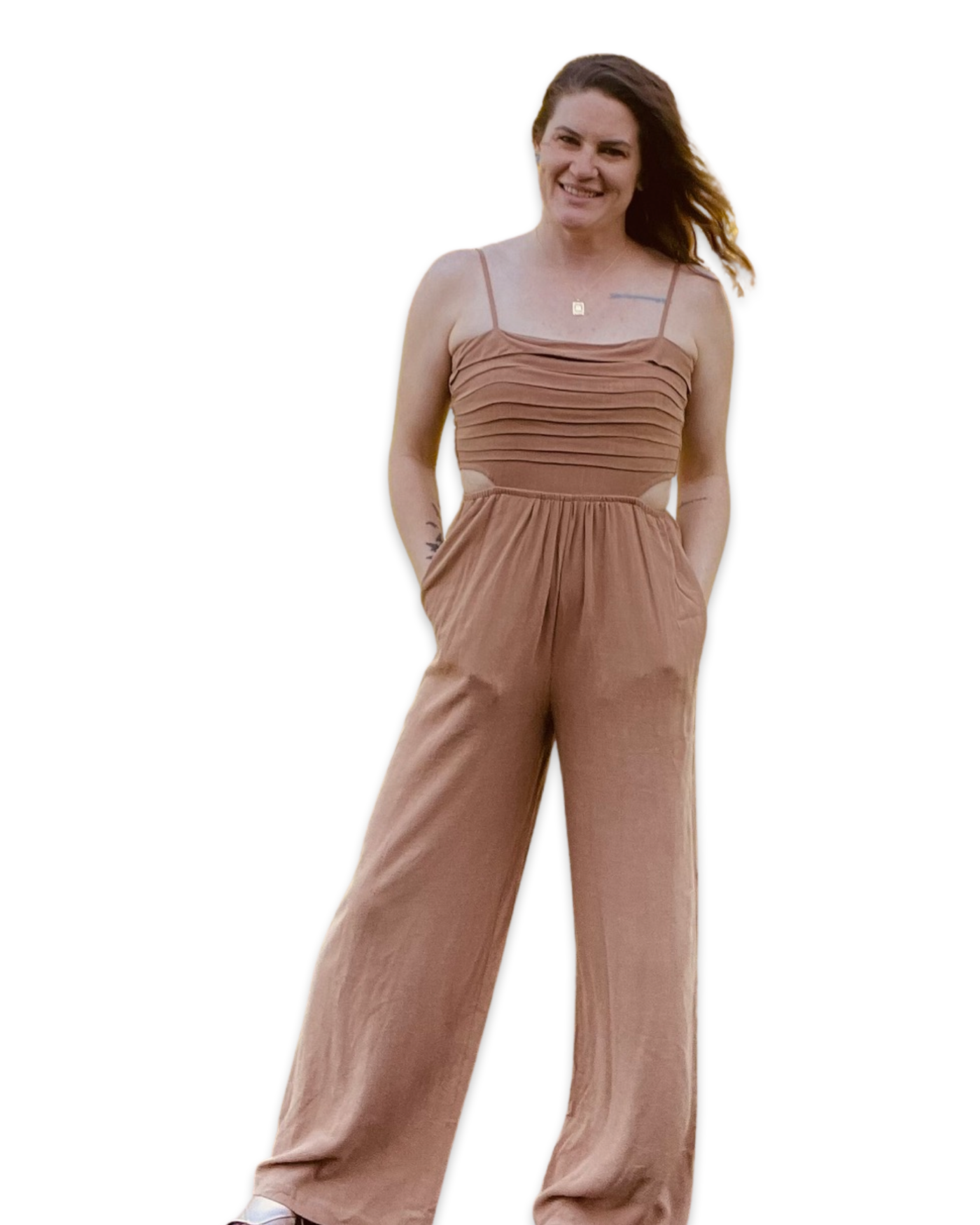 Camel Brown Linen Jumpsuit with Body Cutouts