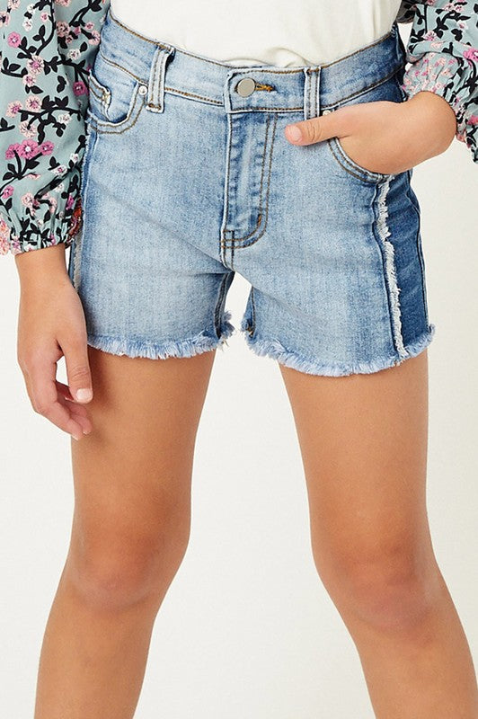 Girls Frayed Colorblock Denim Shorts