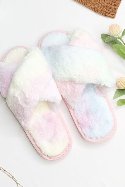 Pastel Tie Dye Crossed Top Faux Fur Slippers