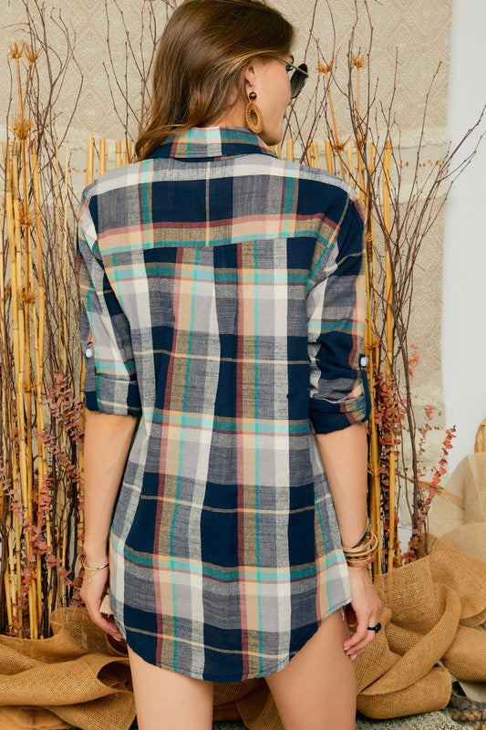 Navy Check Long Sleeve Flannel Top