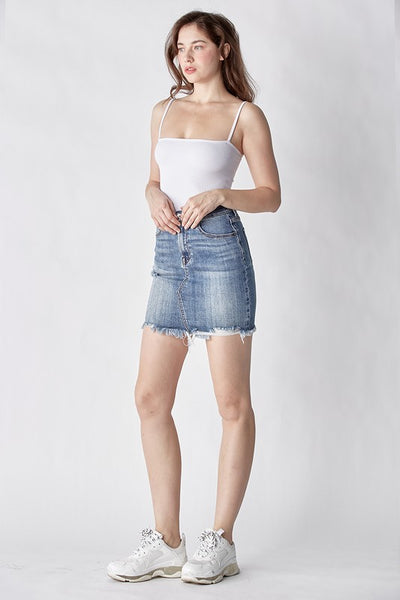 Medium Wash Raw Hem Denim Skirt