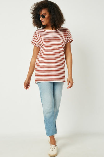 Rust Textured Two-Tone Stripe Knit Top