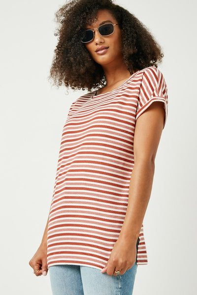 Rust Textured Two-Tone Stripe Knit Top