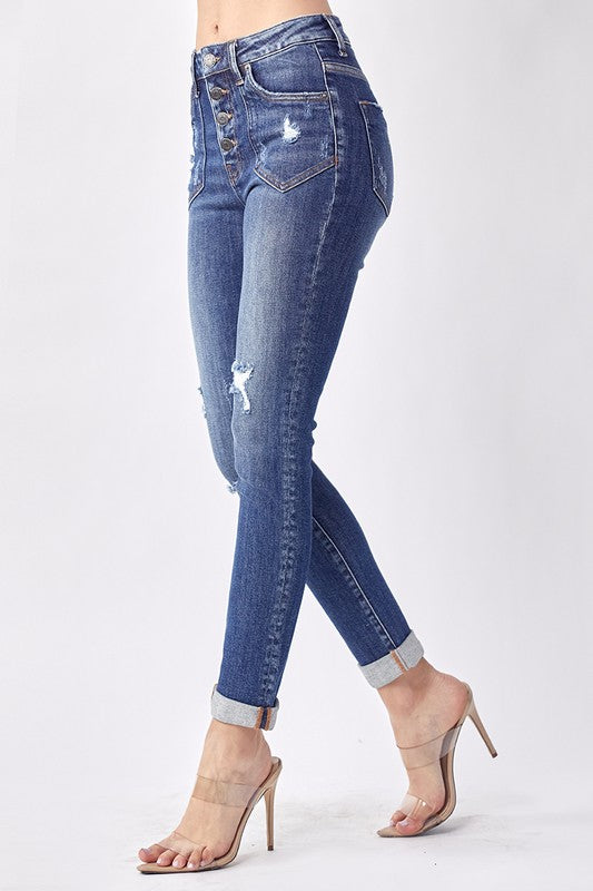 Risen Jeans High Waisted Button Fly Skinny Jeans