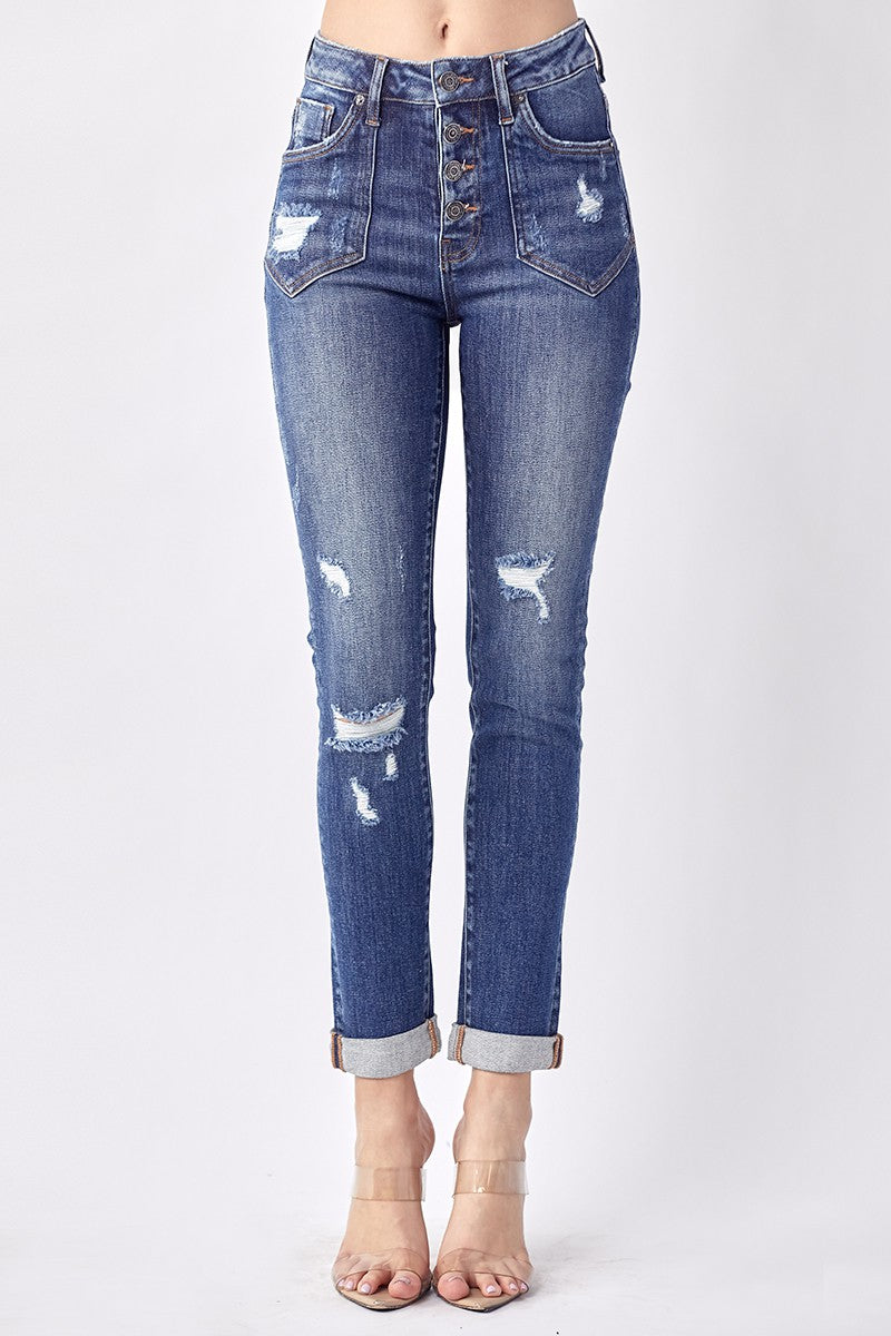 Risen Jeans High Waisted Button Fly Skinny Jeans