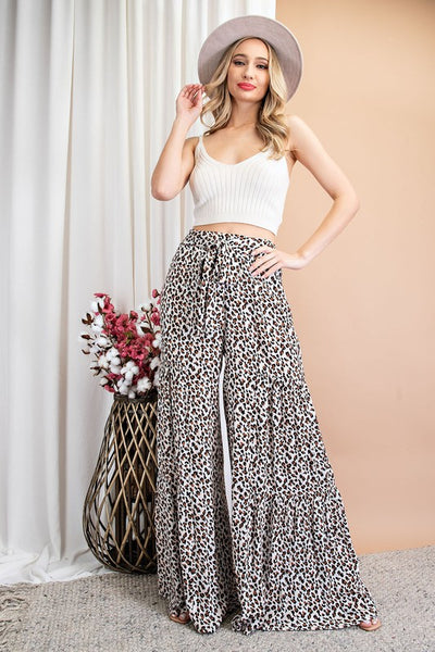 Brown & Ivory Leopard Print Tiered Wide Leg Pants