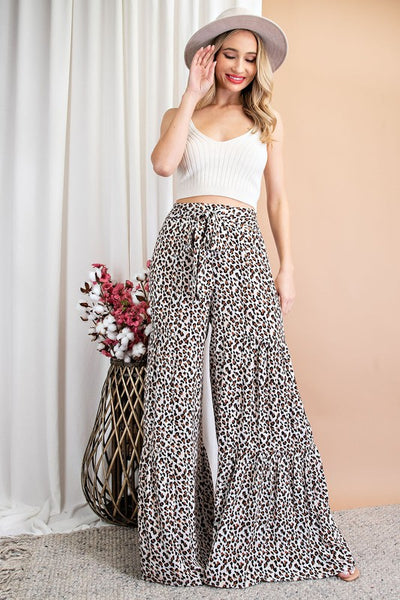 Brown & Ivory Leopard Print Tiered Wide Leg Pants