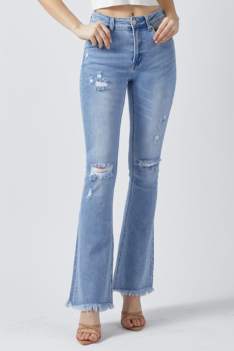 Risen Jeans Light Wash Mid-Rise Distressed Flare