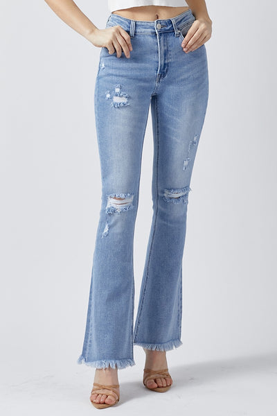 Risen Jeans Light Wash Mid-Rise Distressed Flare