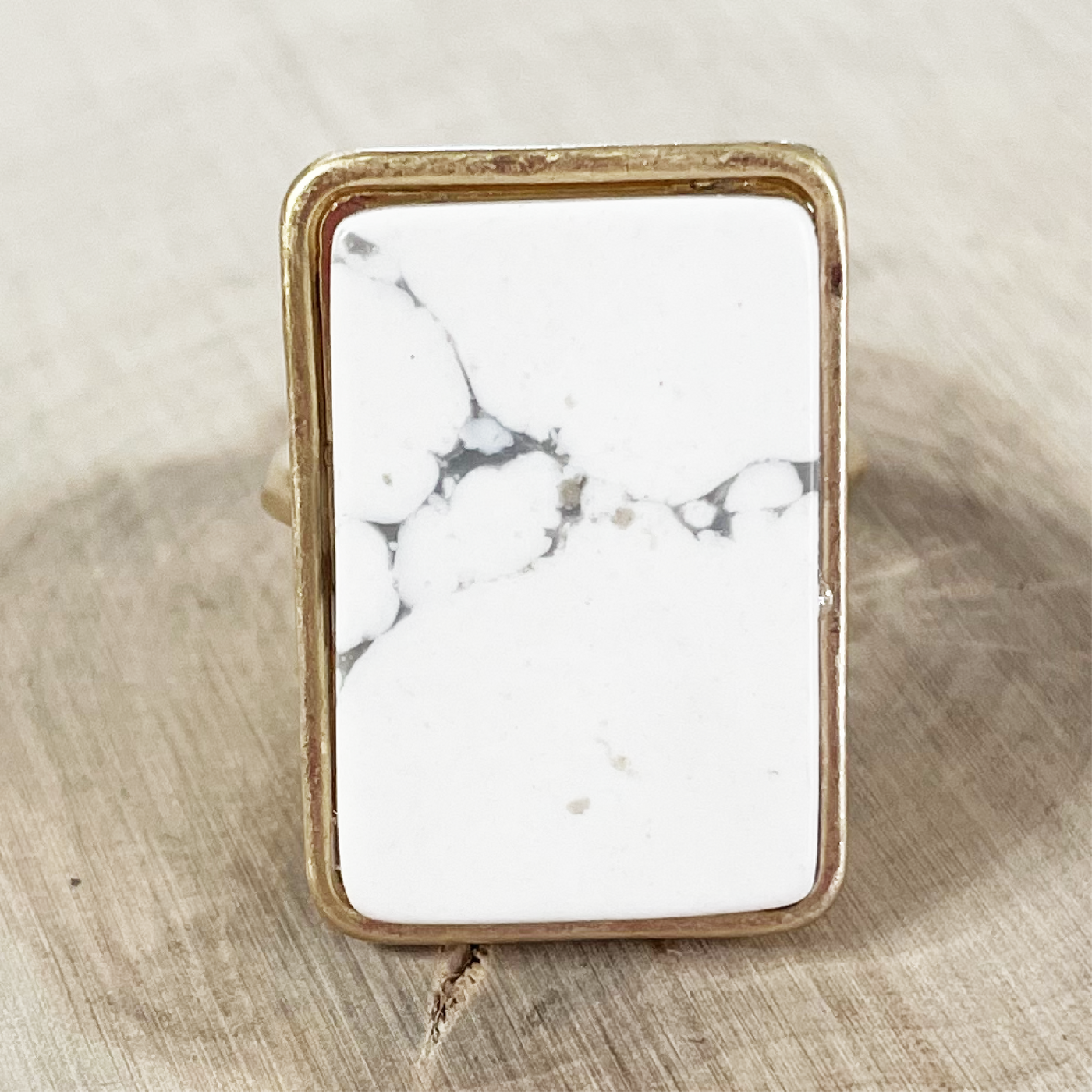 Gold & Howlite Rectangle Stone Adjustable Ring