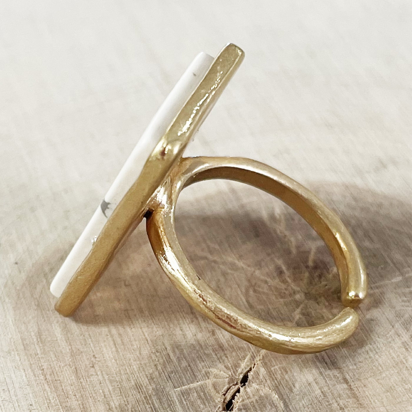 Gold & Howlite Rectangle Stone Adjustable Ring