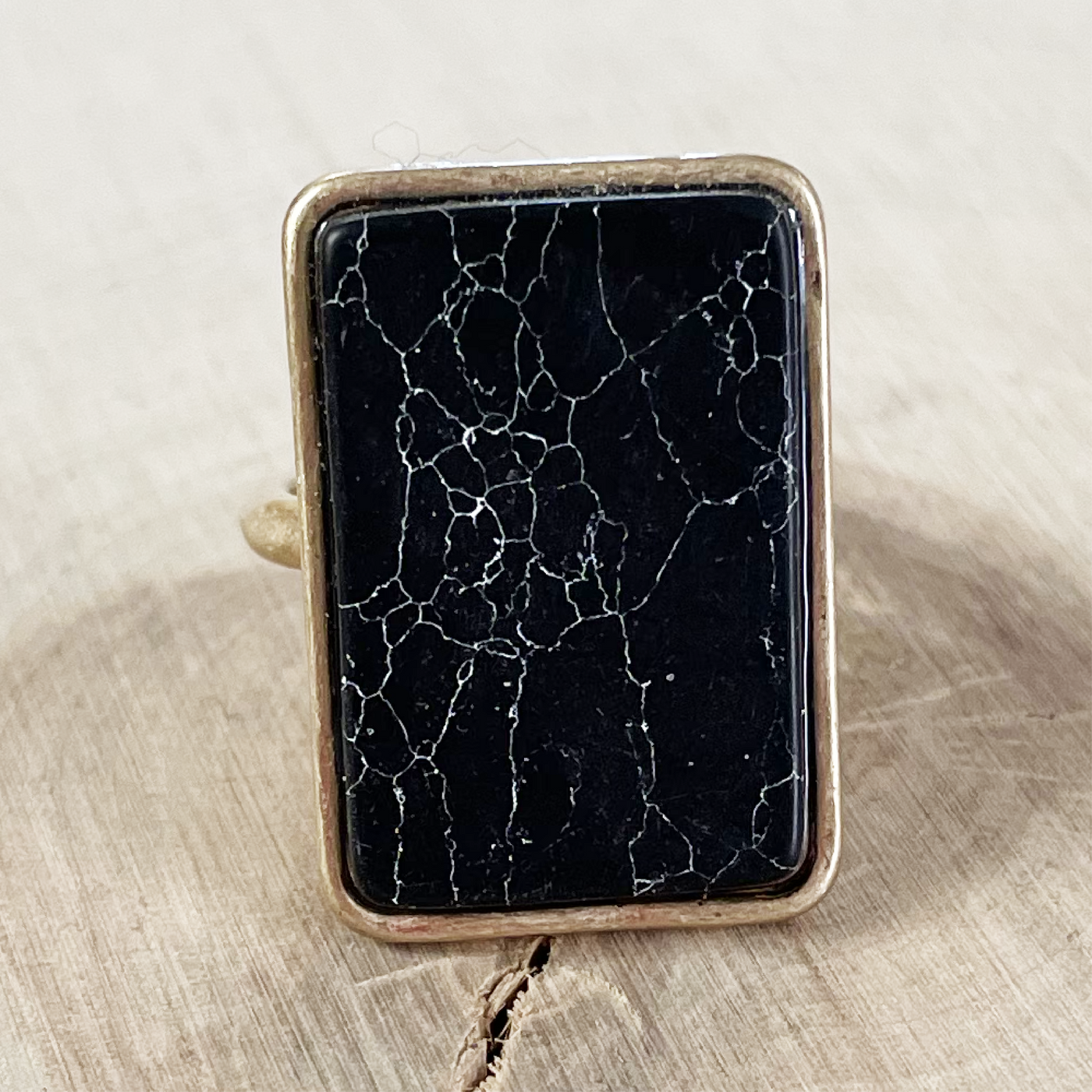 Gold & Jet Howlite Rectangle Stone Adjustable Ring