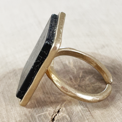 Gold & Jet Howlite Rectangle Stone Adjustable Ring