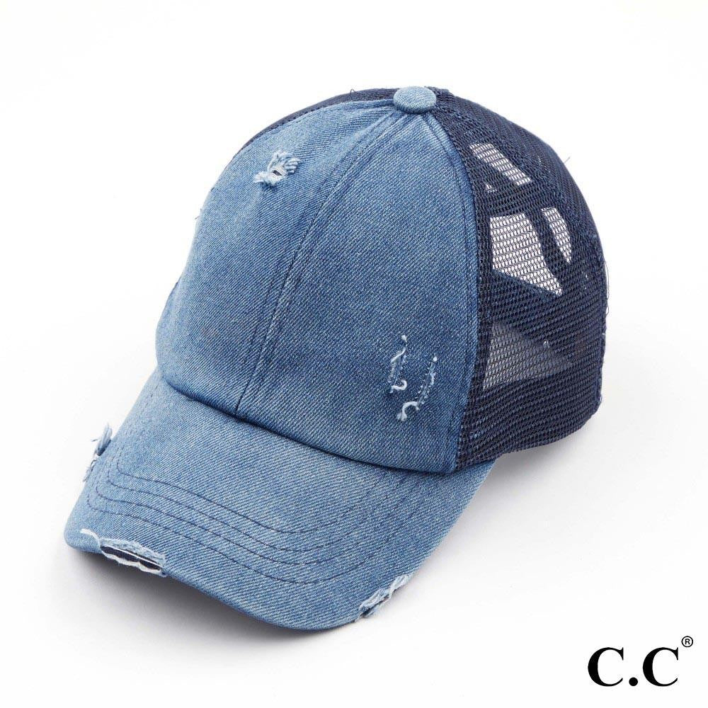 Authentic CC Brand Criss Cross Ponytail Ball Cap in Denim