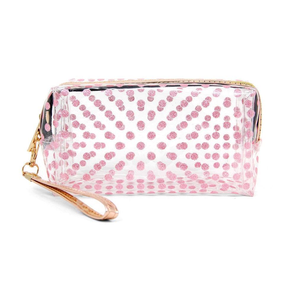 Pink Clear Glitter Polka Dot Travel Pouch with Wristlet