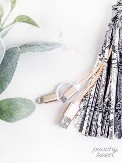 Silver Snakeskin Hiss & Hers Tassel Keychain with Phone Charging Cable