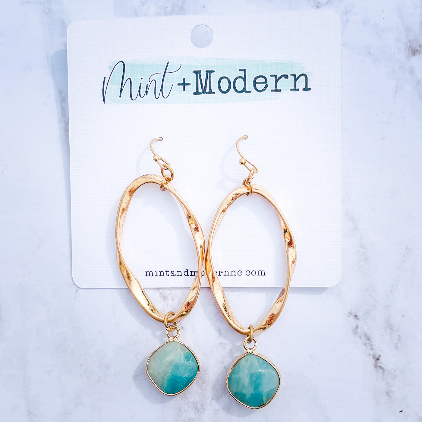 Amazonite & Worn Gold Stone Oval Earrings