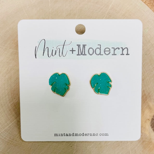Green Faux Druzy Palm Leaf Stud Earrings
