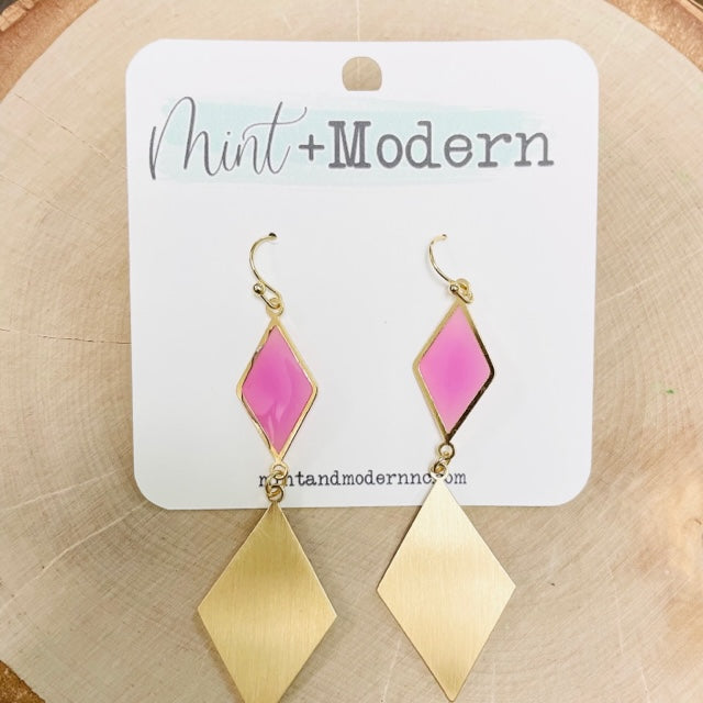 Pink & Gold Double Diamond Shape Drop Earrings