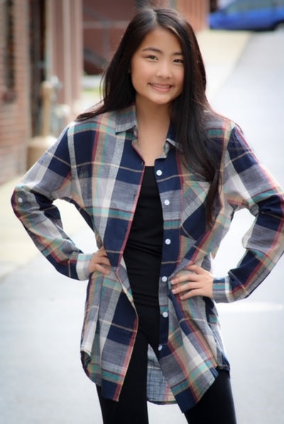 Navy Check Long Sleeve Flannel Top