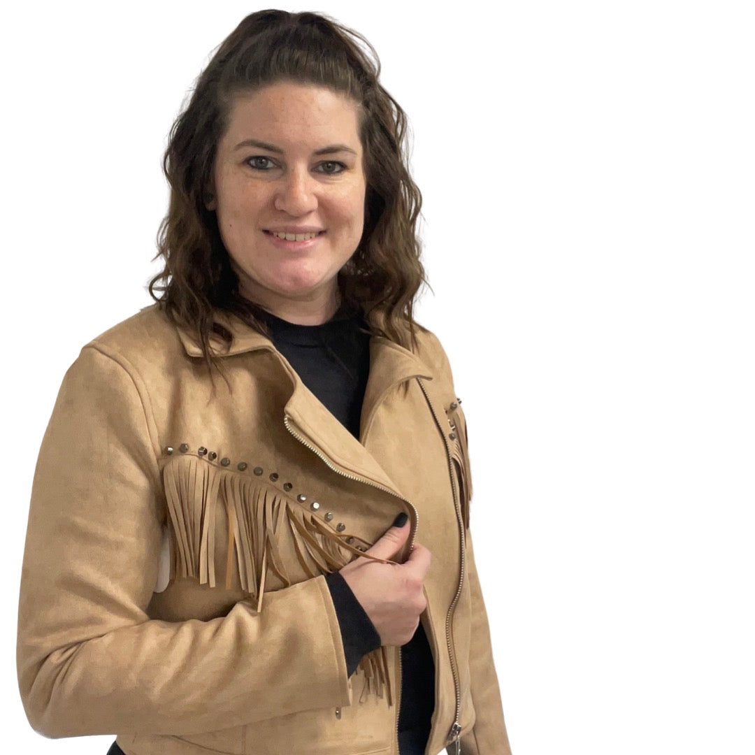 Tan Suede Studded Fringe Moto Jacket