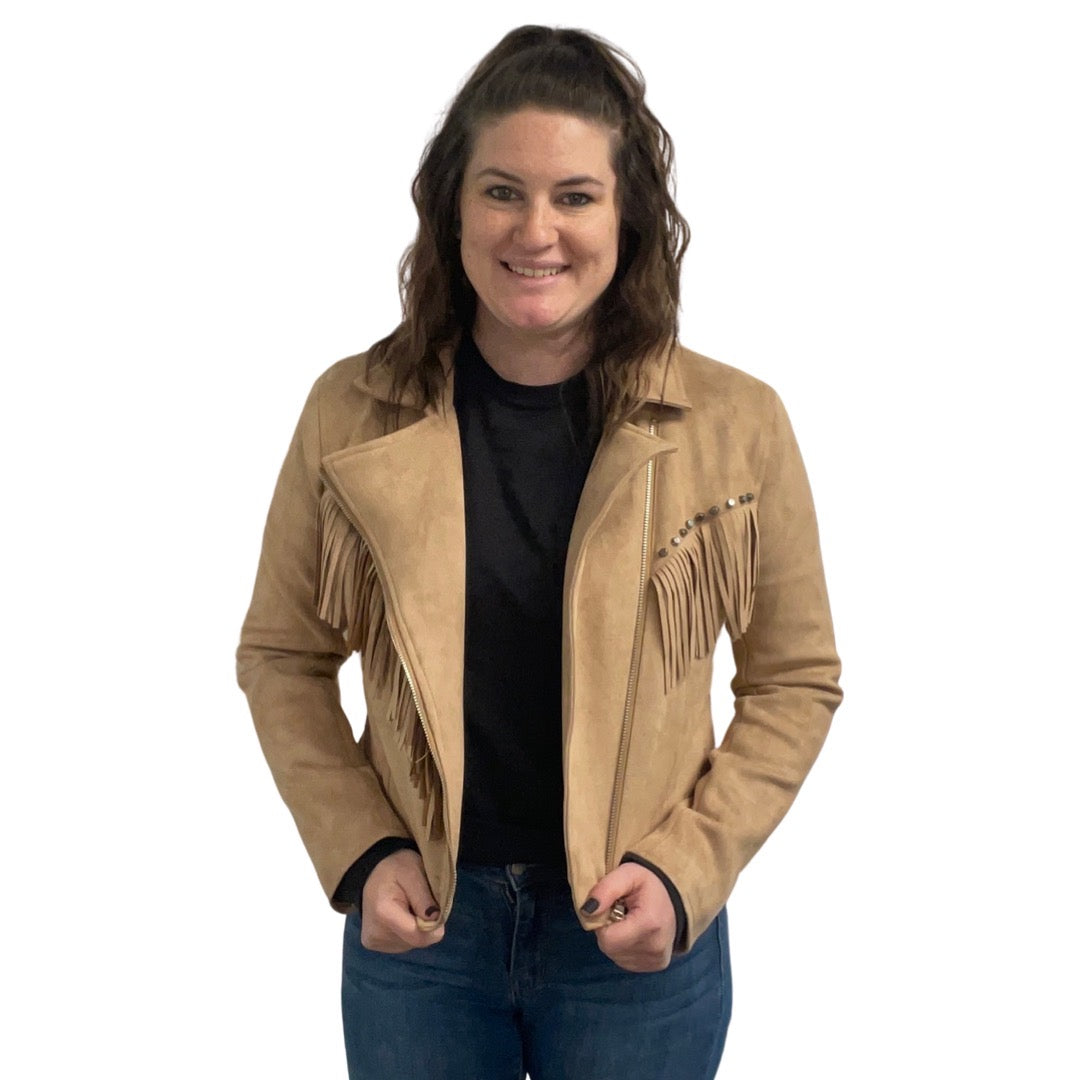 Tan Suede Studded Fringe Moto Jacket