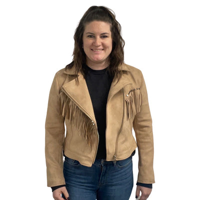 Tan Suede Studded Fringe Moto Jacket