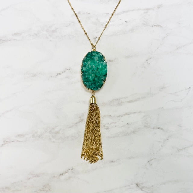 Gold & Green Stone Oval Druzy Tassel Necklace