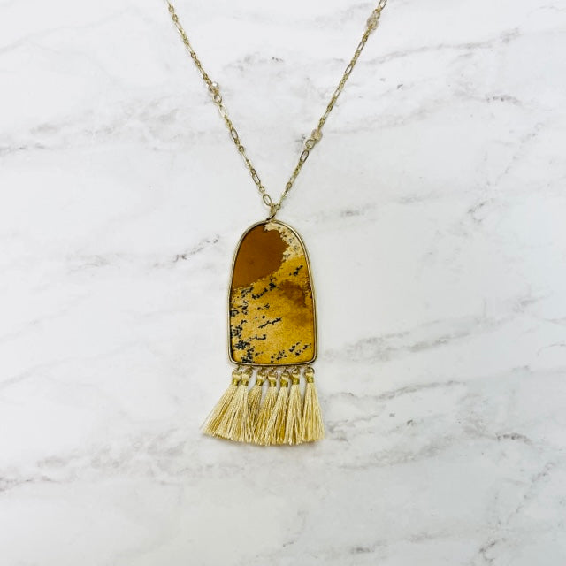 Gold & Jasper Abstract Stone Tassel Necklace