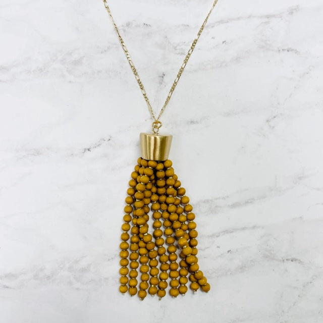 Gold & Tan Wood Beaded Tassel Necklace