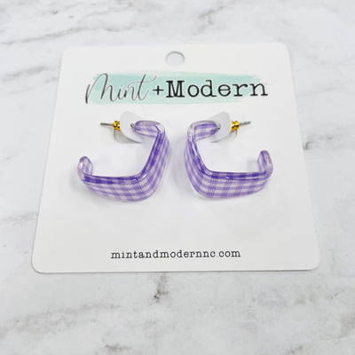 Purple Check Print Square Hoop Earrings