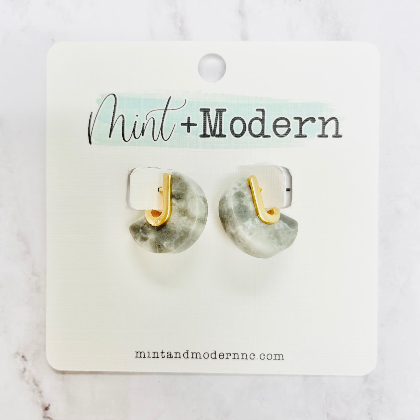 Gold & Grey Stone Disc Earrings