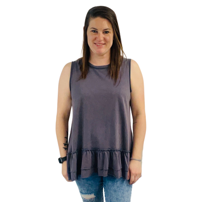 Gray Navy Vintage Wash Ruffle Hem Tank Top