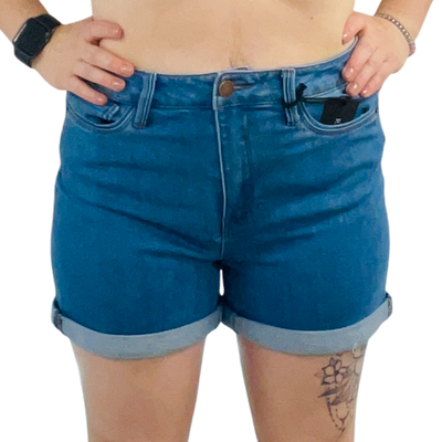 Risen Jeans Medium Wash High Waisted Rolled Shorts