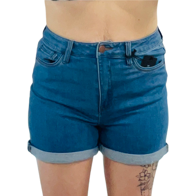 Risen Jeans Medium Wash High Waisted Rolled Shorts