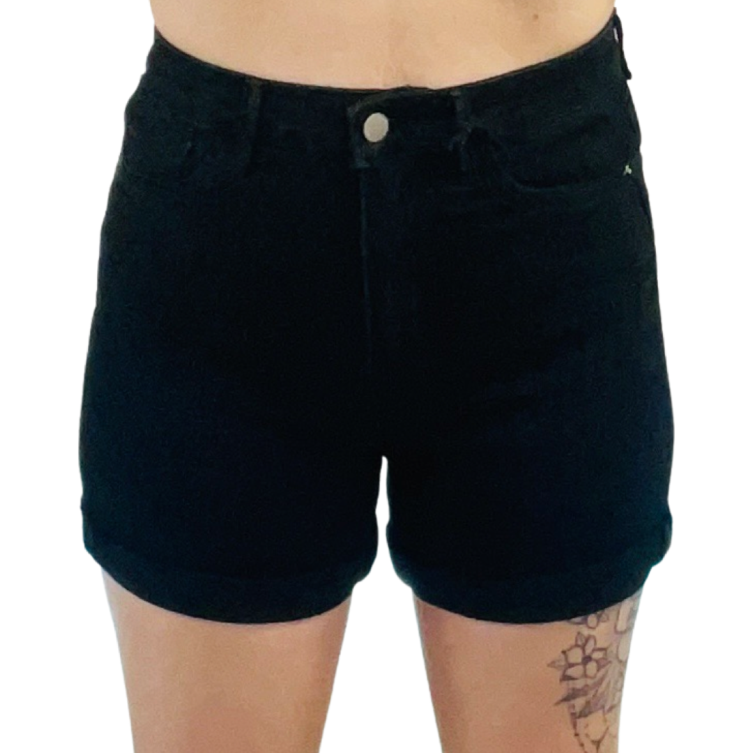 Risen Jeans Black High Waisted Rolled Shorts