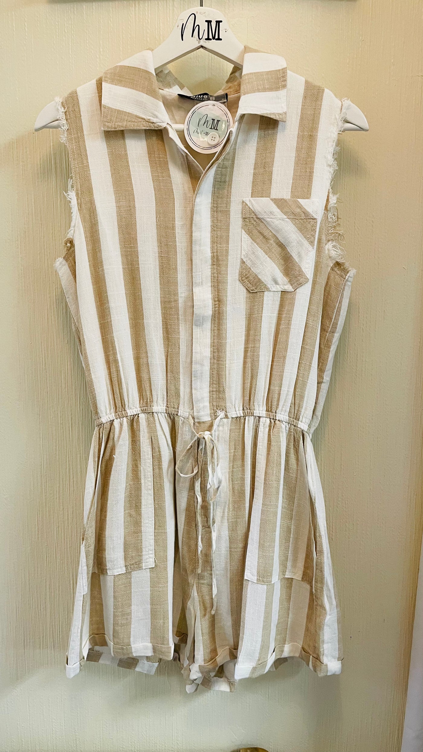 Tan Linen Stripe Frayed Romper