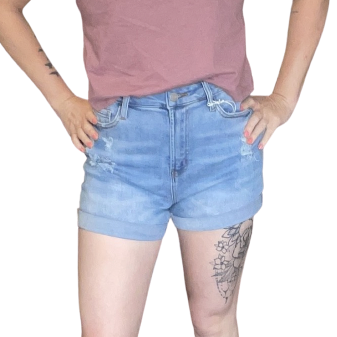 Light Wash Risen Jeans Rolled Up Distressed Shorts