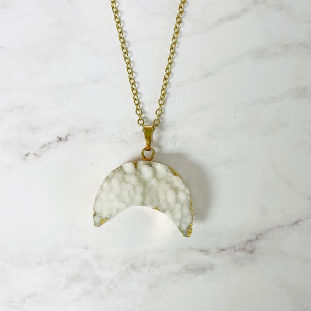 Gold & White Druzy Crescent Moon Necklace