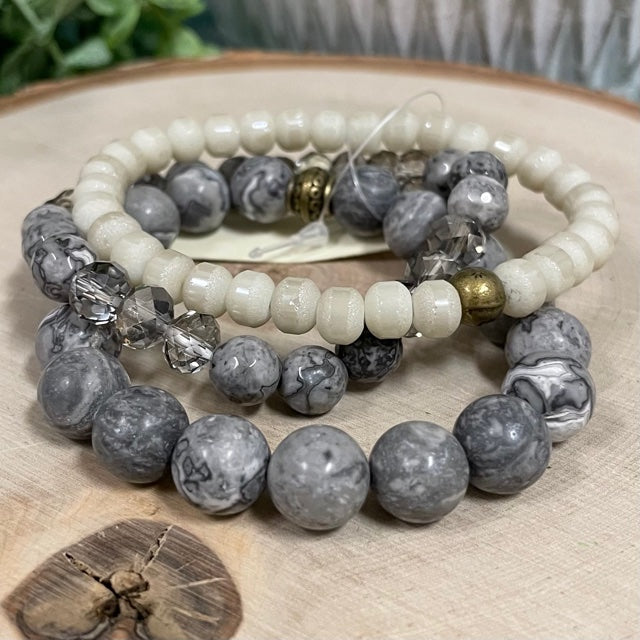 Gray Semi-Precious Stone & Glass Beaded Bracelet Stack