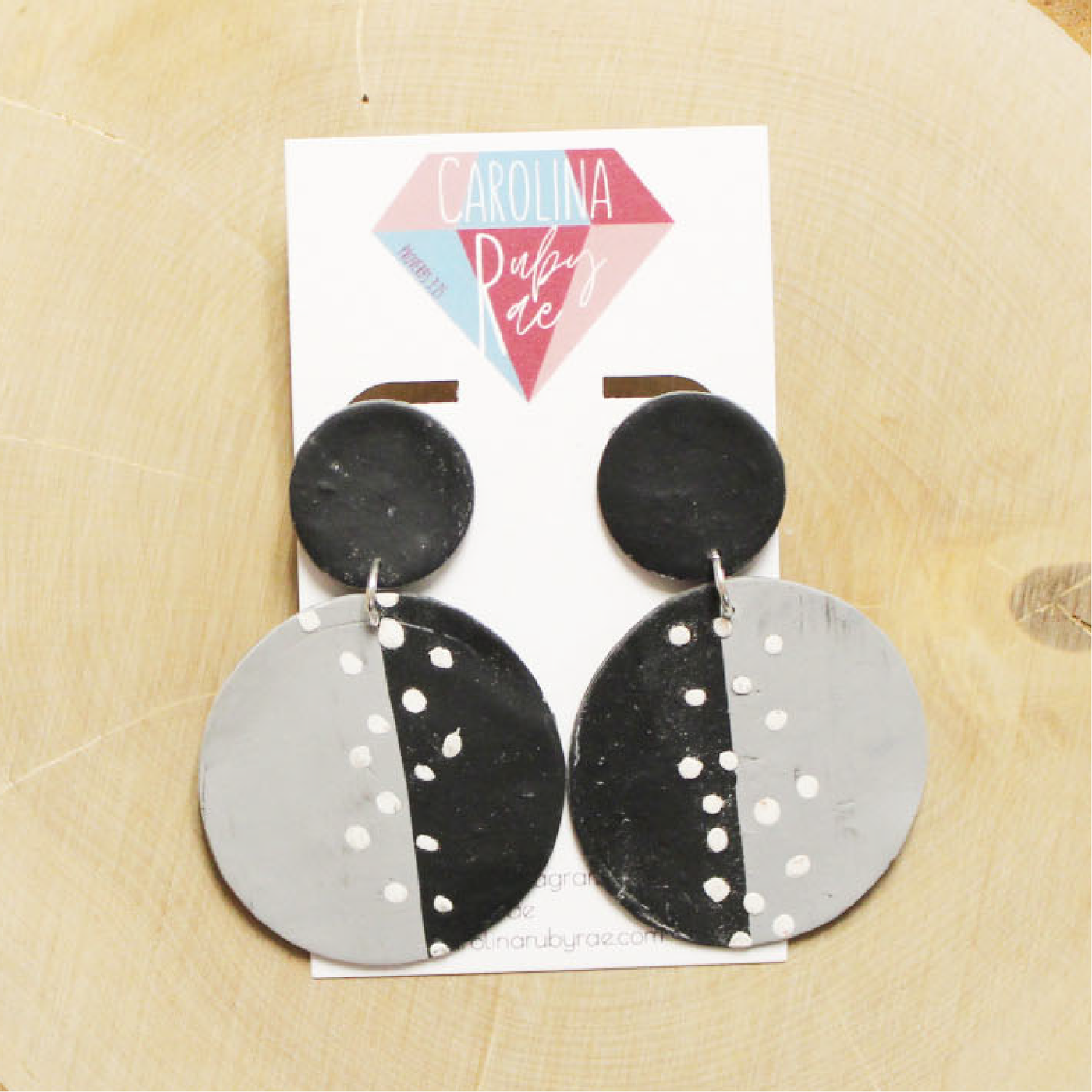 Black & Gray Abstract Dot Circle Dangles Handmade Clay Earrings