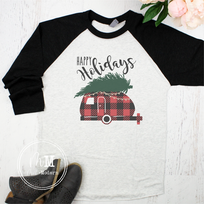 Happy Holidays Buffalo Plaid Camper Raglan