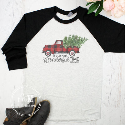 Buffalo Plaid Christmas Truck Raglan - Christmas Shirt
