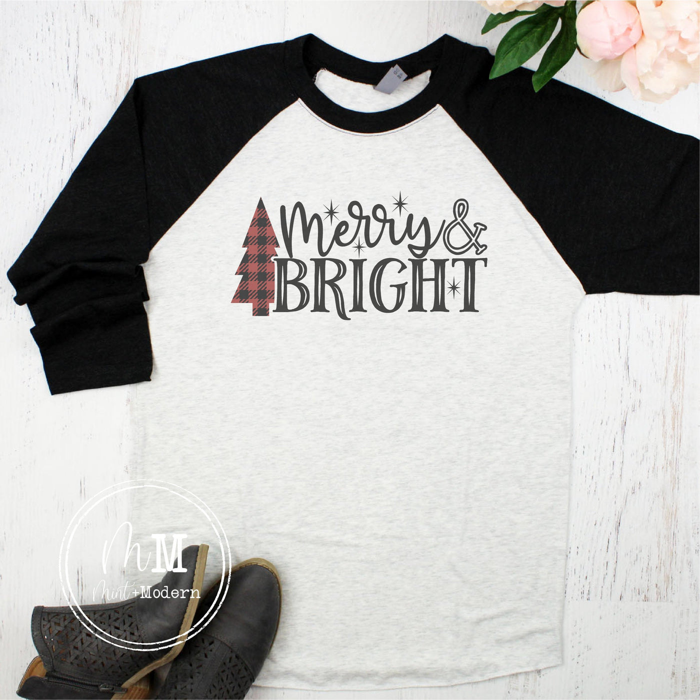 Merry Bright Buffalo Plaid Raglan Christmas Baseball Shirt